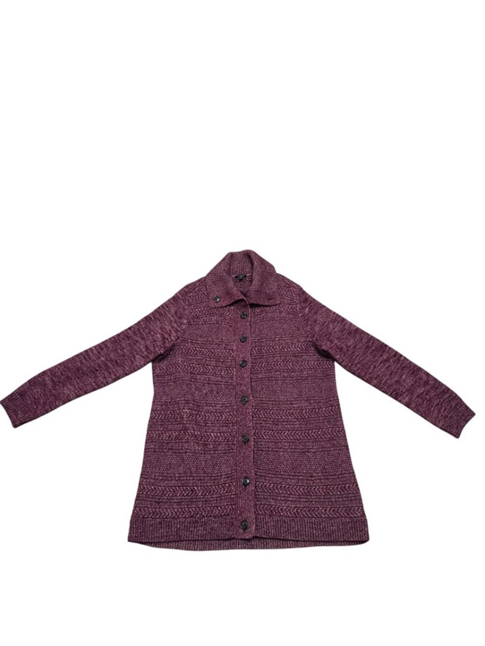 Talbots Cable Cardigan Sweater 1X Cranberry Purple Buttons Collar Wool Blend